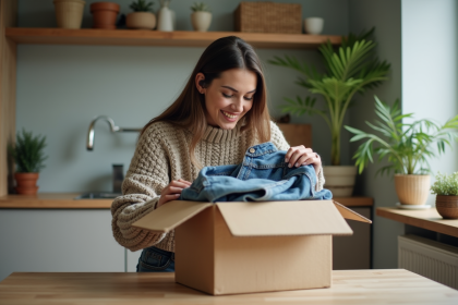 Femme emballant un vetement dans une boite en carton recyclee