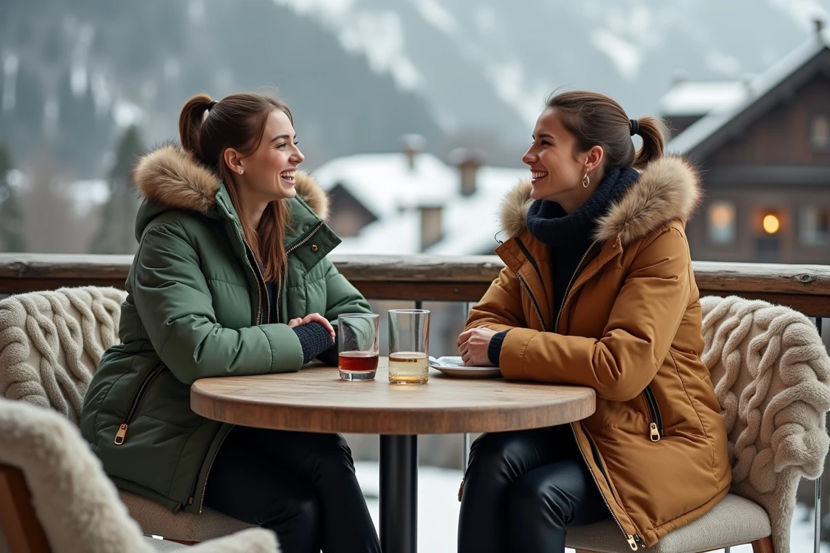 Deux femmes en tenues de ski luxueuses sur une terrasse de restaurant d'altitude dans un village alpin enneigé