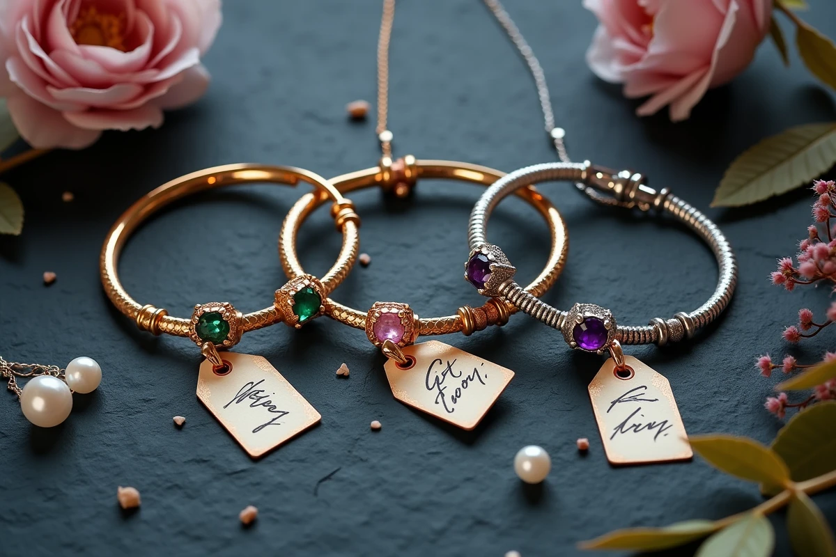 Flat lay de trois joncs personnalisables en or jaune, or rose et argent avec pierres de naissance sur ardoise foncée