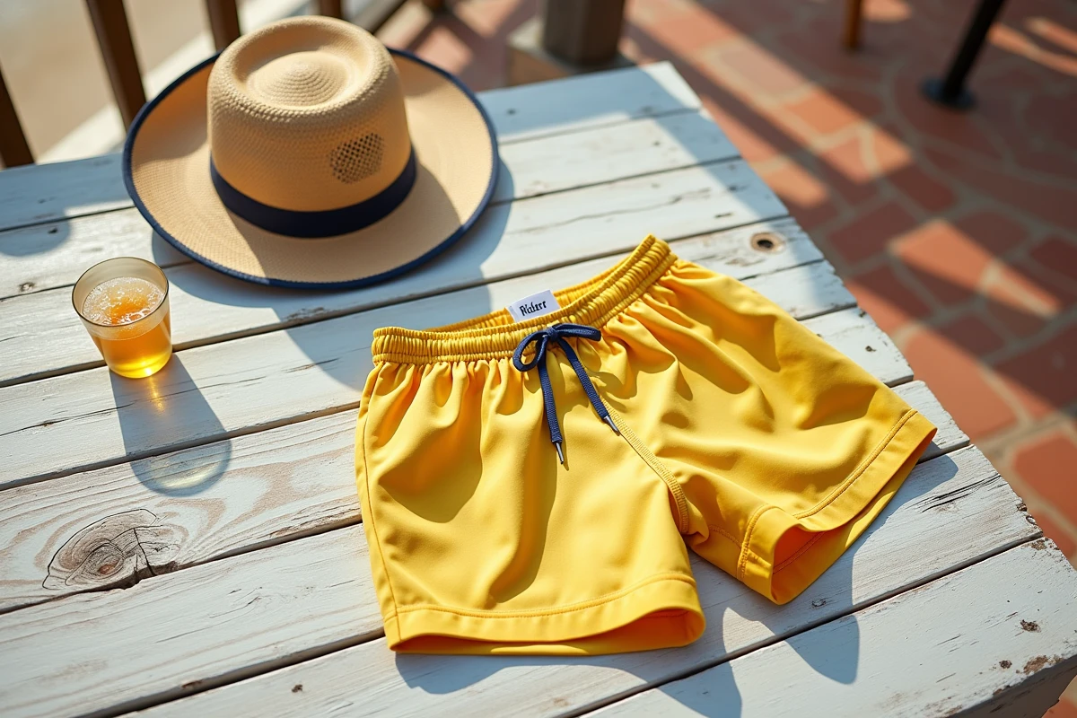 Flat lay d'un short de bain Ricard authentique sur planches de bois avec accessoires estivaux