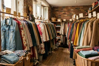 Intérieur d'une friperie chaleureuse dans la Vienne, avec des portants colorés et une ambiance vintage authentique