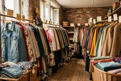 Intérieur d'une friperie chaleureuse dans la Vienne, avec des portants colorés et une ambiance vintage authentique