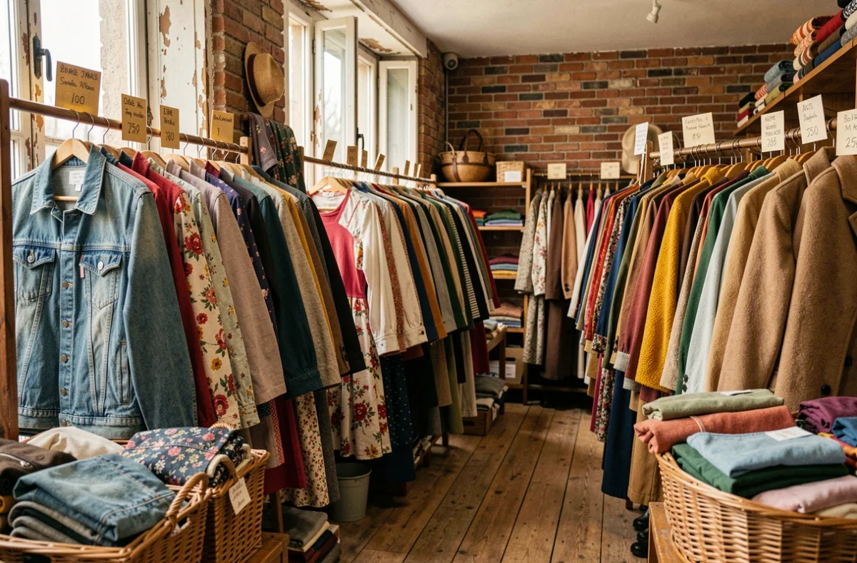 Intérieur d'une friperie chaleureuse dans la Vienne, avec des portants colorés et une ambiance vintage authentique