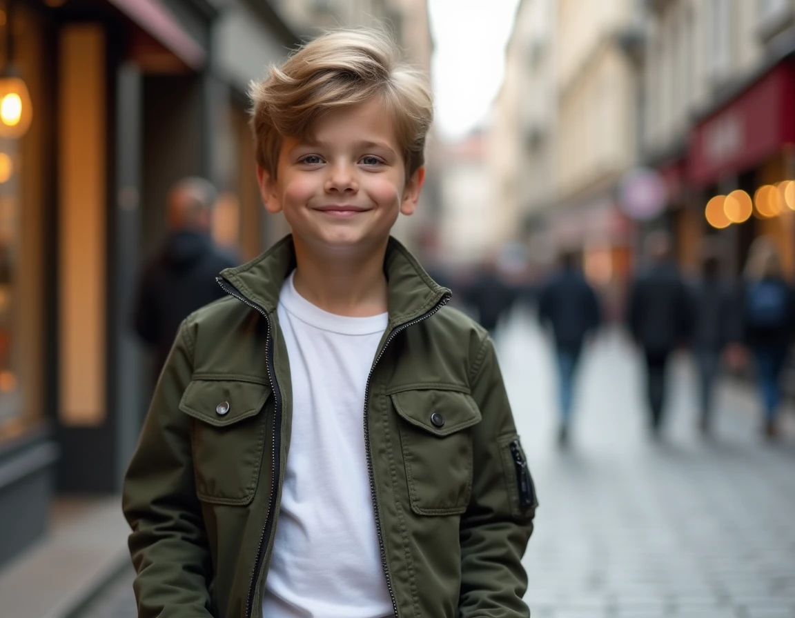 Garçon portant une veste IKKS bien ajustée dans une rue pavée en automne