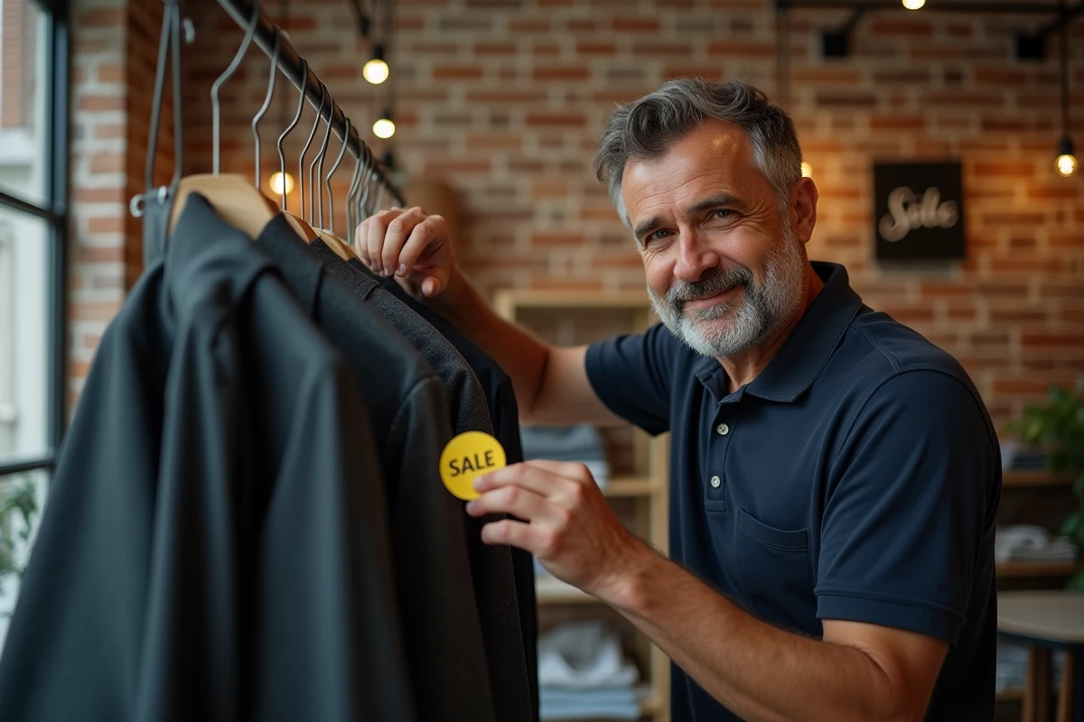Gérant de boutique apposant une étiquette soldes sur un portant de vêtements à l'intérieur d'un magasin de prêt-à-porter