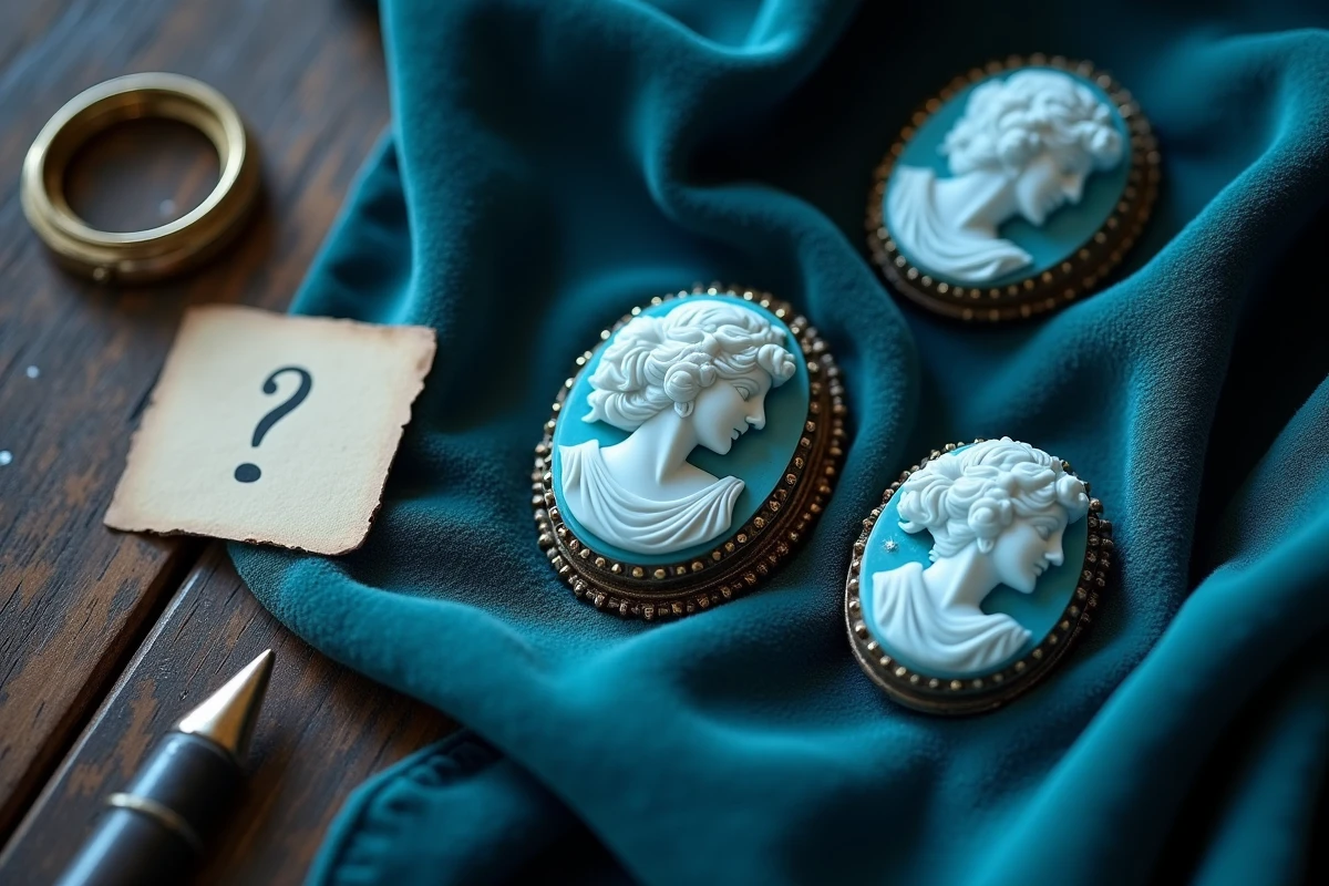 Gros plan de trois camées bleus posés sur velours ancien avec une note manuscrite, symbolisant les erreurs d'interprétation de leurs symboles