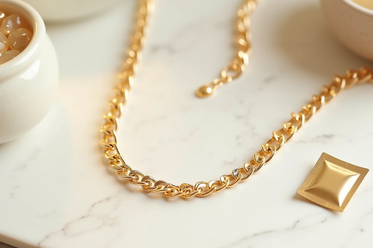 Collier plaqué or en gros plan sur marbre, détail de la texture dorée et accessoires de soin bijoux
