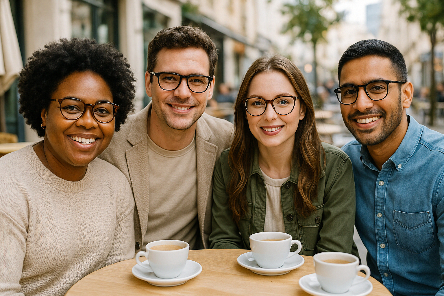 Groupe de personnes diverses portant des lunettes dans un café en plein air