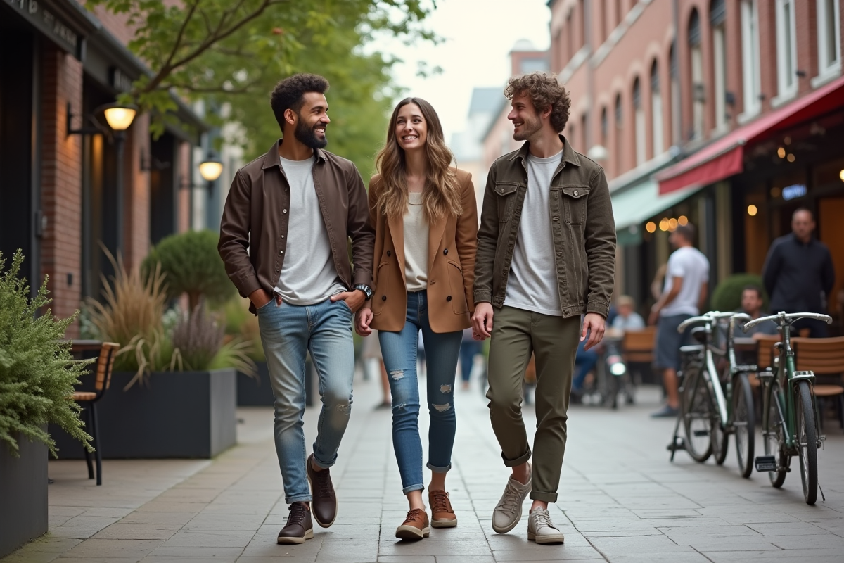 Trois jeunes adultes en streetwear durable dans une rue urbaine