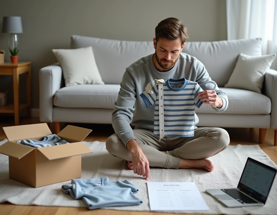 Père consultant un guide des tailles IKKS enfant à la maison lors d'une commande en ligne