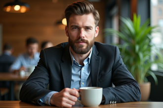 Homme barbu en café moderne avec tasse en céramique