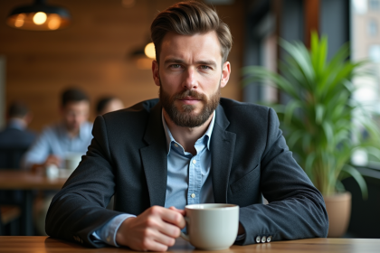 Homme barbu en café moderne avec tasse en céramique