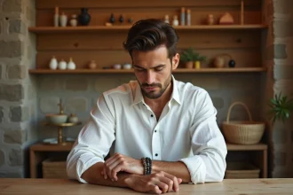 Homme en chemise blanche examinant un bracelet en pierre naturelle dans une boutique de bijoux artisanale