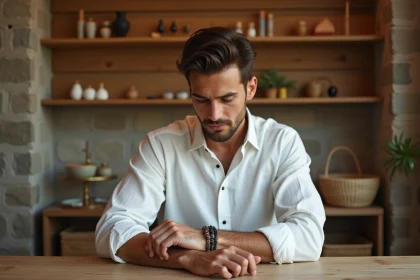 Homme en chemise blanche examinant un bracelet en pierre naturelle dans une boutique de bijoux artisanale