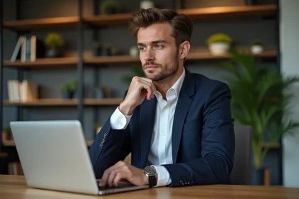 Homme en costume regardant des montres sur son ordinateur