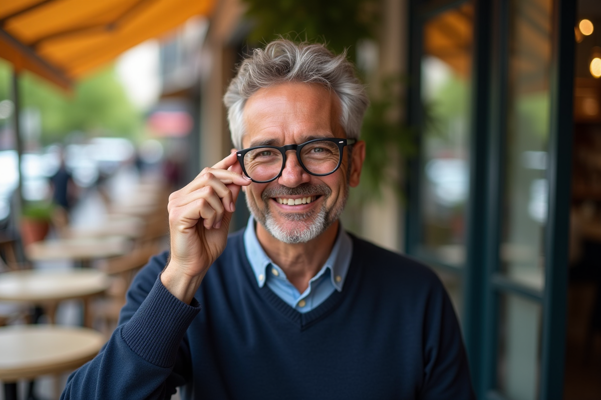Homme souriant avec lunettes de soleil dans un café en plein air