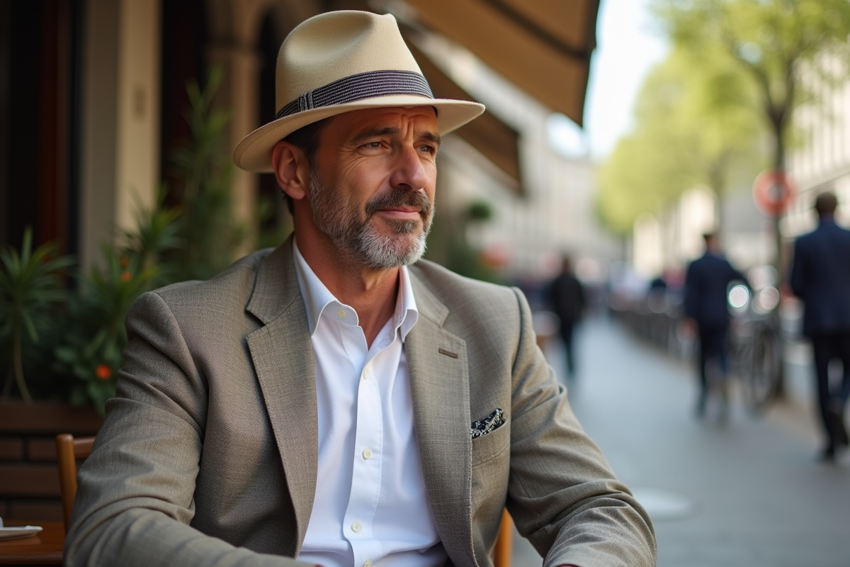 Homme élégant en terrasse de café parisien au printemps