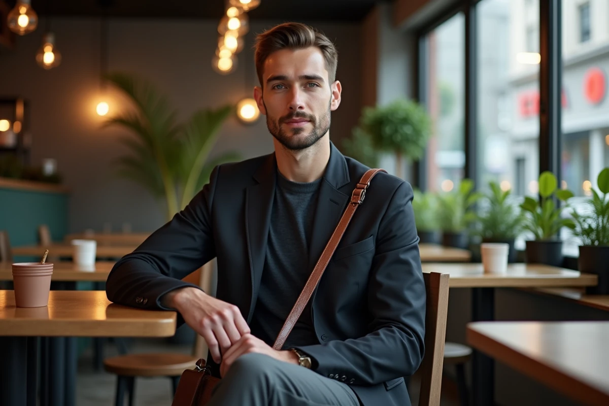 Homme professionnel avec sacoche en café moderne