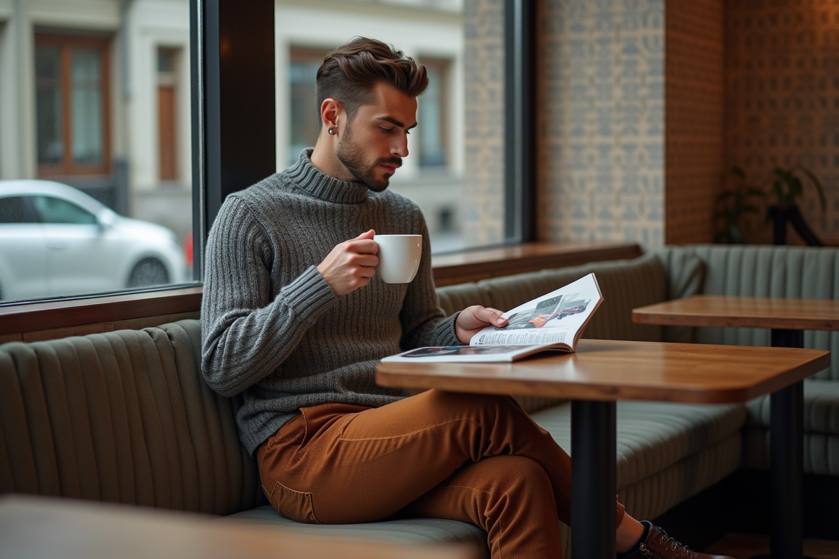 Jeune homme lisant un magazine dans un café cosy