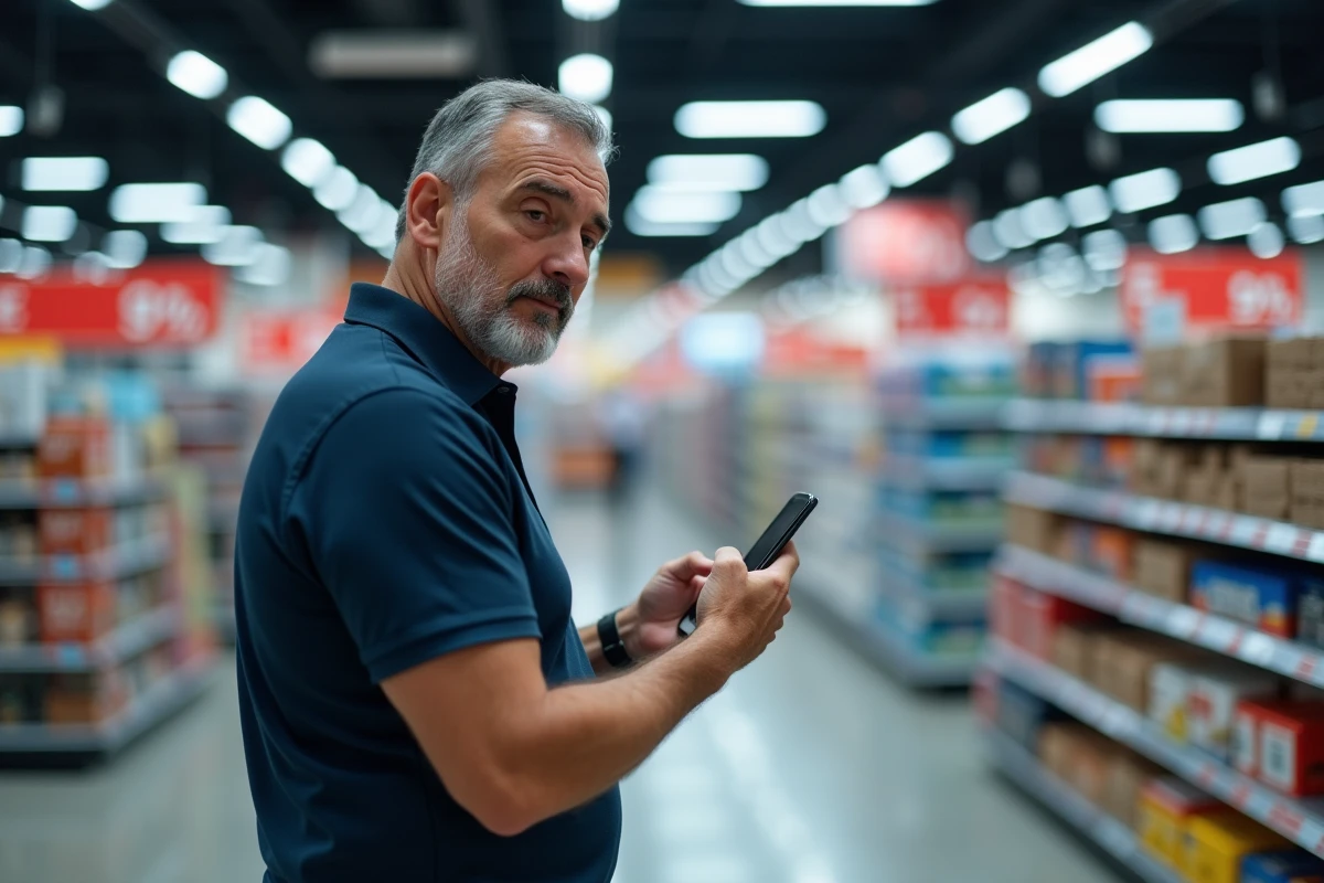 Homme utilisant une application cashback sur smartphone dans un magasin en période de soldes et déstockage