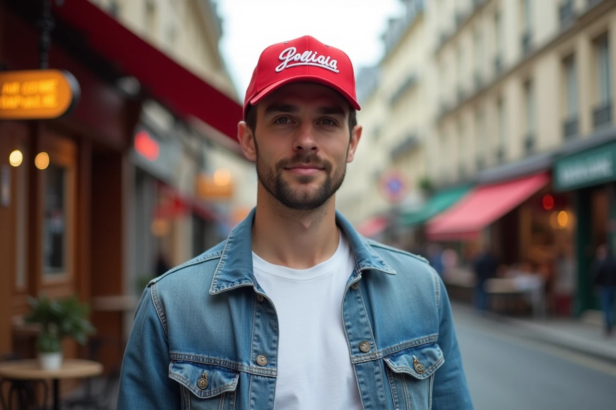 Homme portant une casquette America Great Again rouge dans une rue parisienne avec des bâtiments haussmanniens en arrière-plan flou