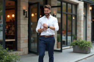 Homme élégant vérifiant sa montre devant un café moderne