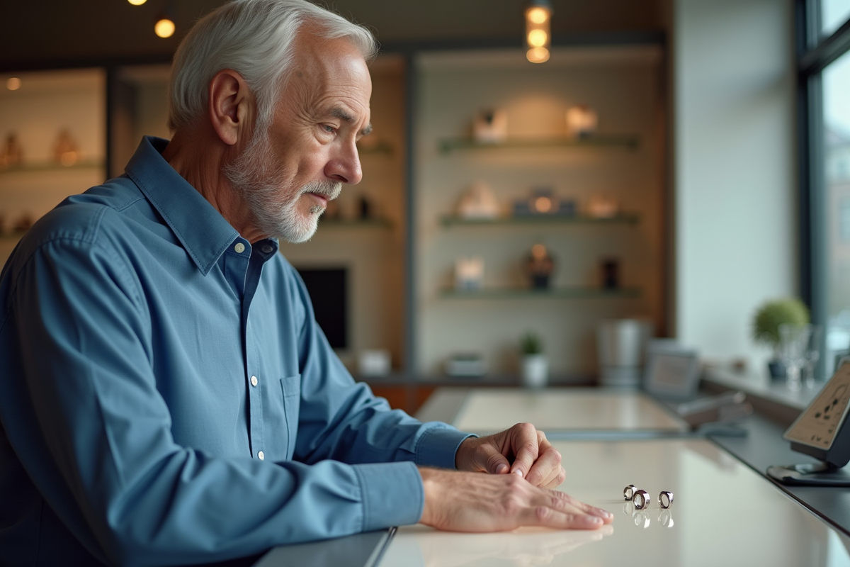 Homme âgé choisissant une bague dans une bijouterie