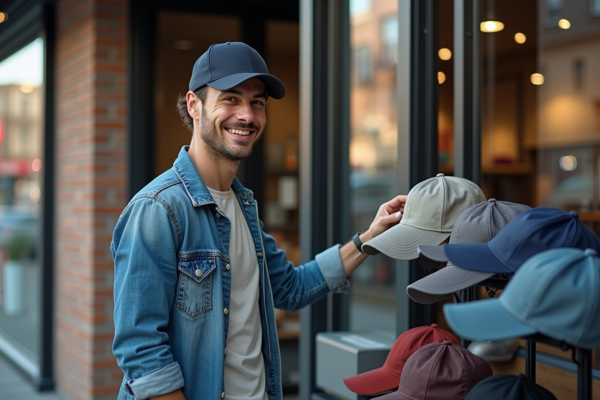 Homme essayant des casquettes à l