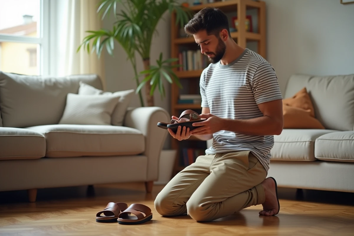 Homme choisissant entre deux paires de sandales dans un salon