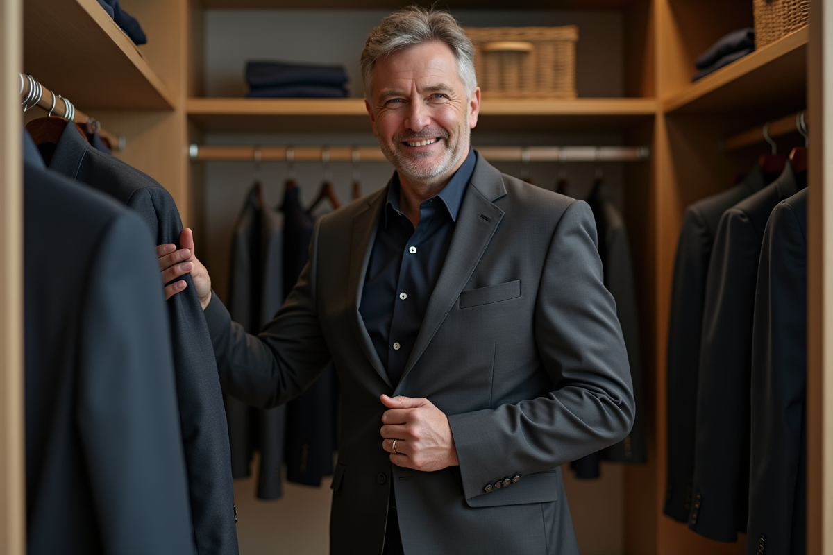 Homme en costume gris choisissant une chemise dans son dressing