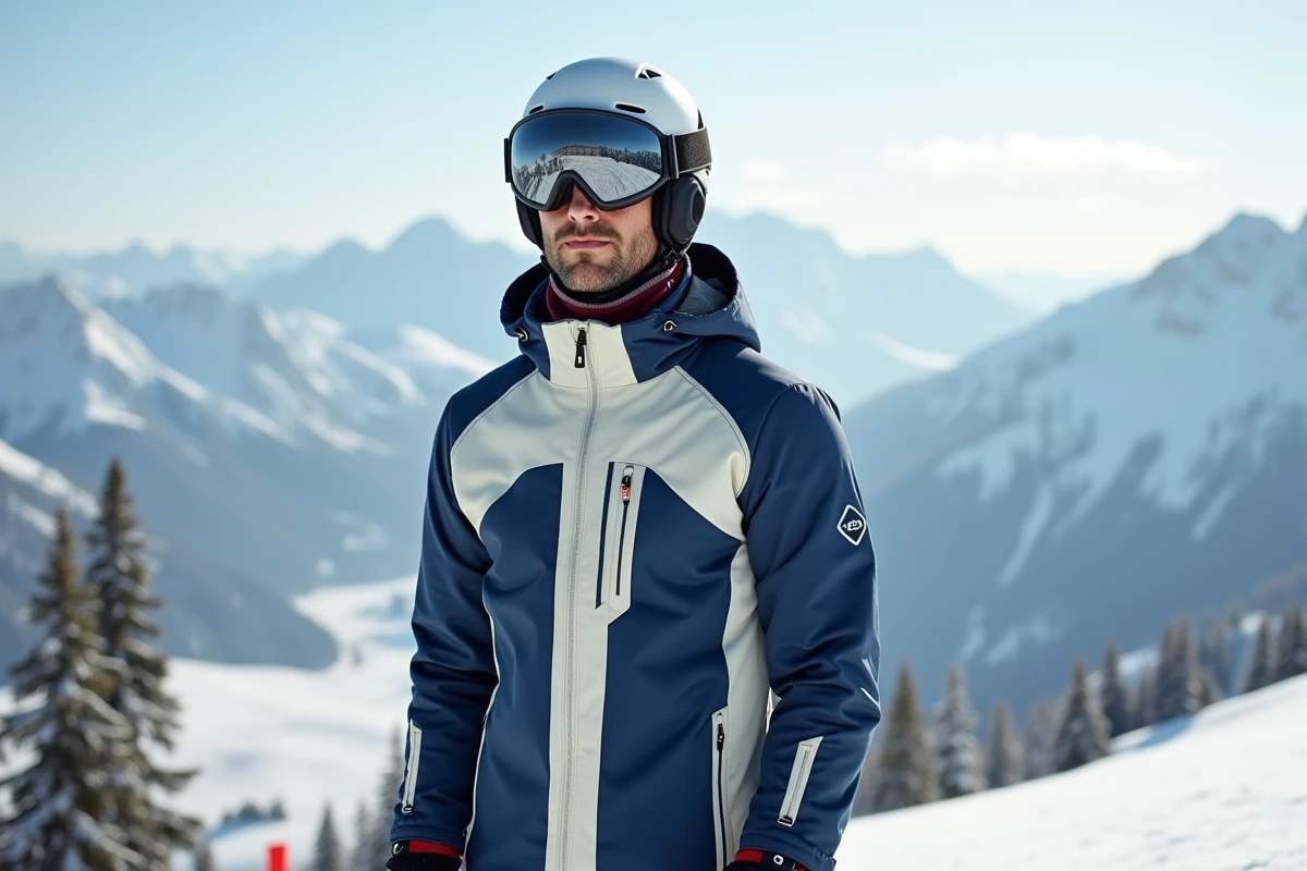 Homme en combinaison de ski haut de gamme navy et blanc sur une piste alpine enneigée avec panorama montagnard