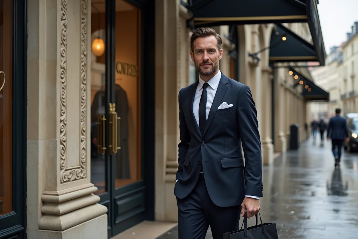 Homme en costume marine devant la façade en pierre d'une boutique de luxe parisienne sous la pluie, avec pavés mouillés reflétant la vitrine