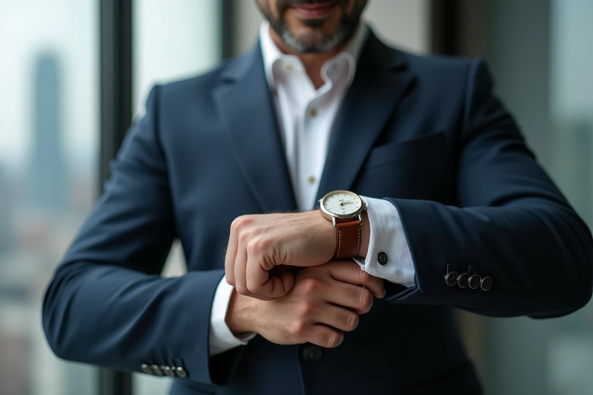 Homme en costume marine attachant une montre personnalisée en cuir brun avec gravure, devant une fenêtre avec vue sur la ville