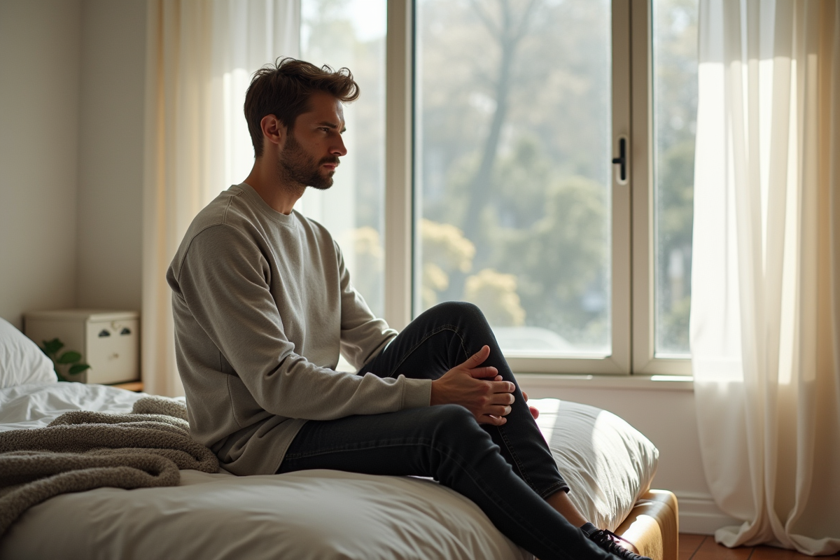 Homme assis sur un lit dans une chambre lumineuse