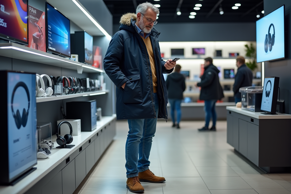 Homme regardant un casque dans magasin d’électronique