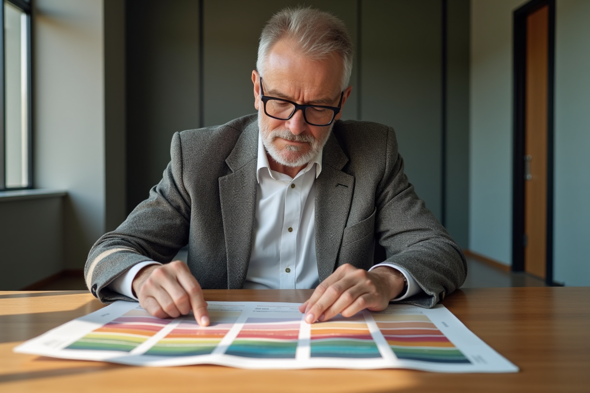 Homme mature analysant un nuancier de couleurs dans un bureau