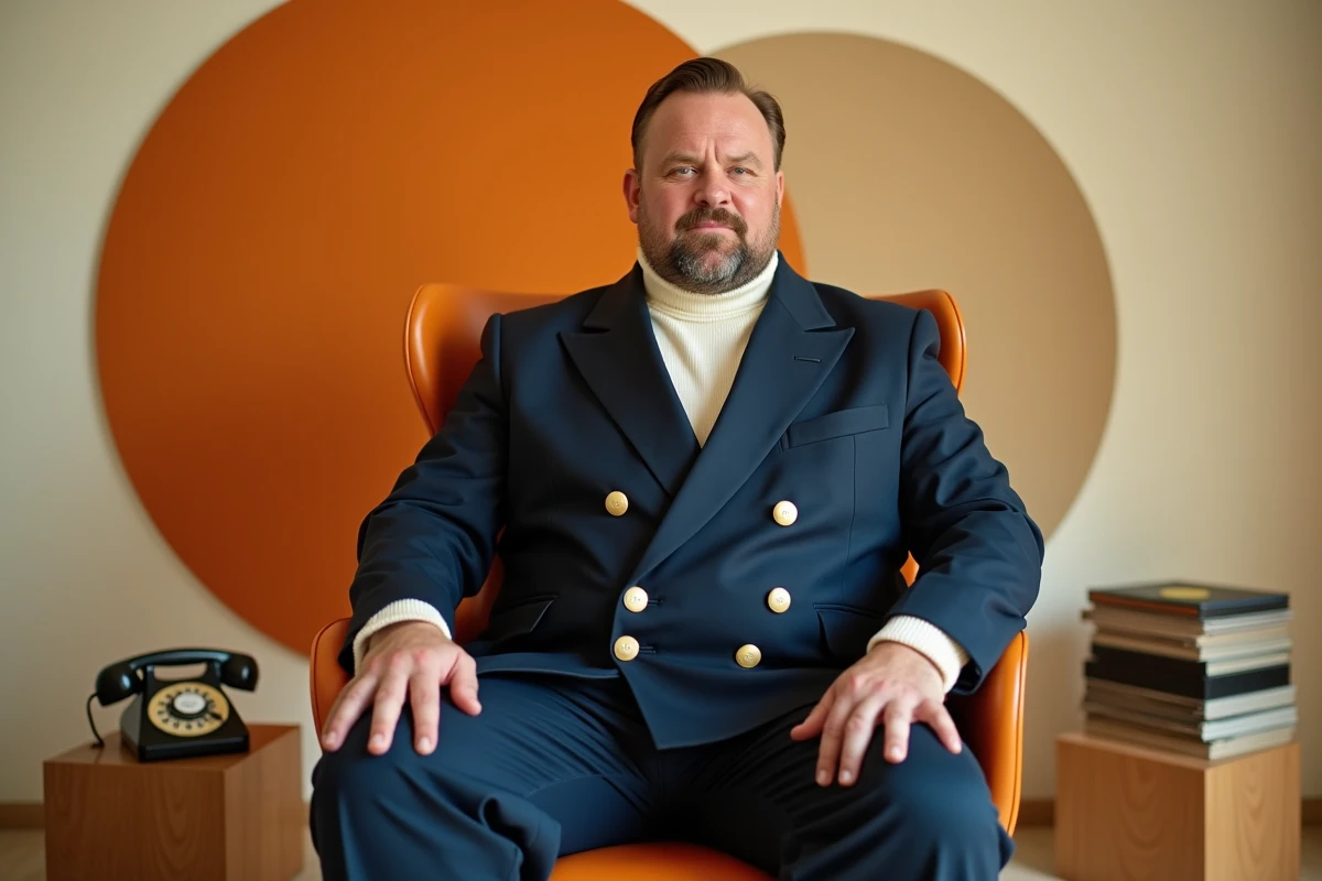 Homme grande taille en blazer double boutonnage bleu marine style mod années 60, assis sur une chaise vintage dans un studio photo au décor rétro géométrique