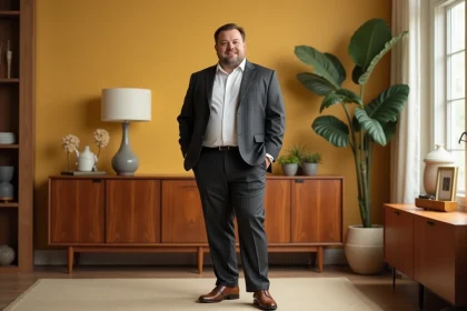 Homme grande taille en costume rétro années 60 rayé gris anthracite, pose confiante dans un intérieur mid-century moderne aux tons moutarde et crème