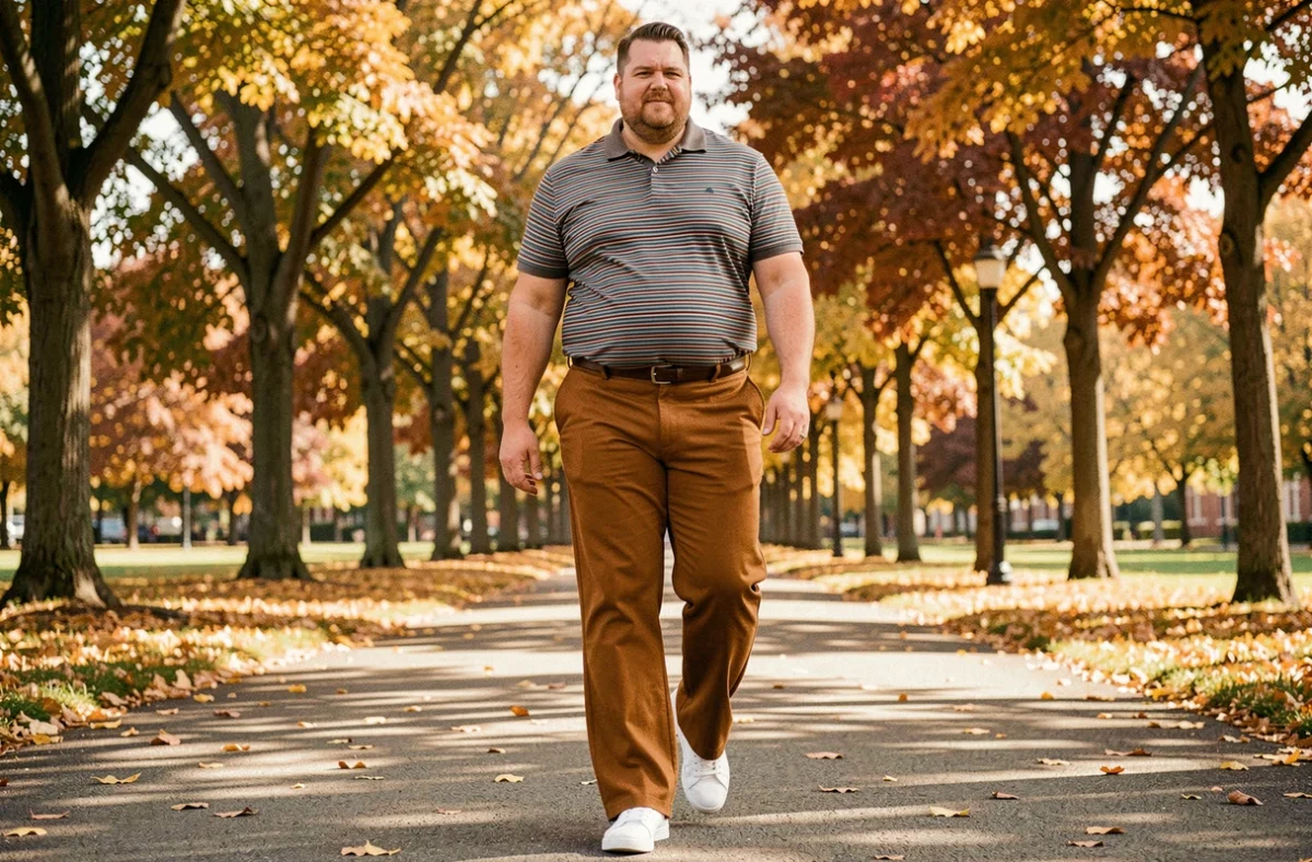 Homme grande taille en pantalon patte d'éléphant caramel marchant dans un parc en automne avec des arbres dorés