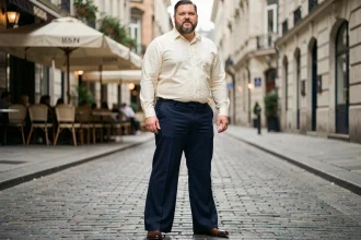 Homme grande taille portant un pantalon patte d'éléphant bleu marine avec une chemise blanche ajustée dans une rue pavée urbaine
