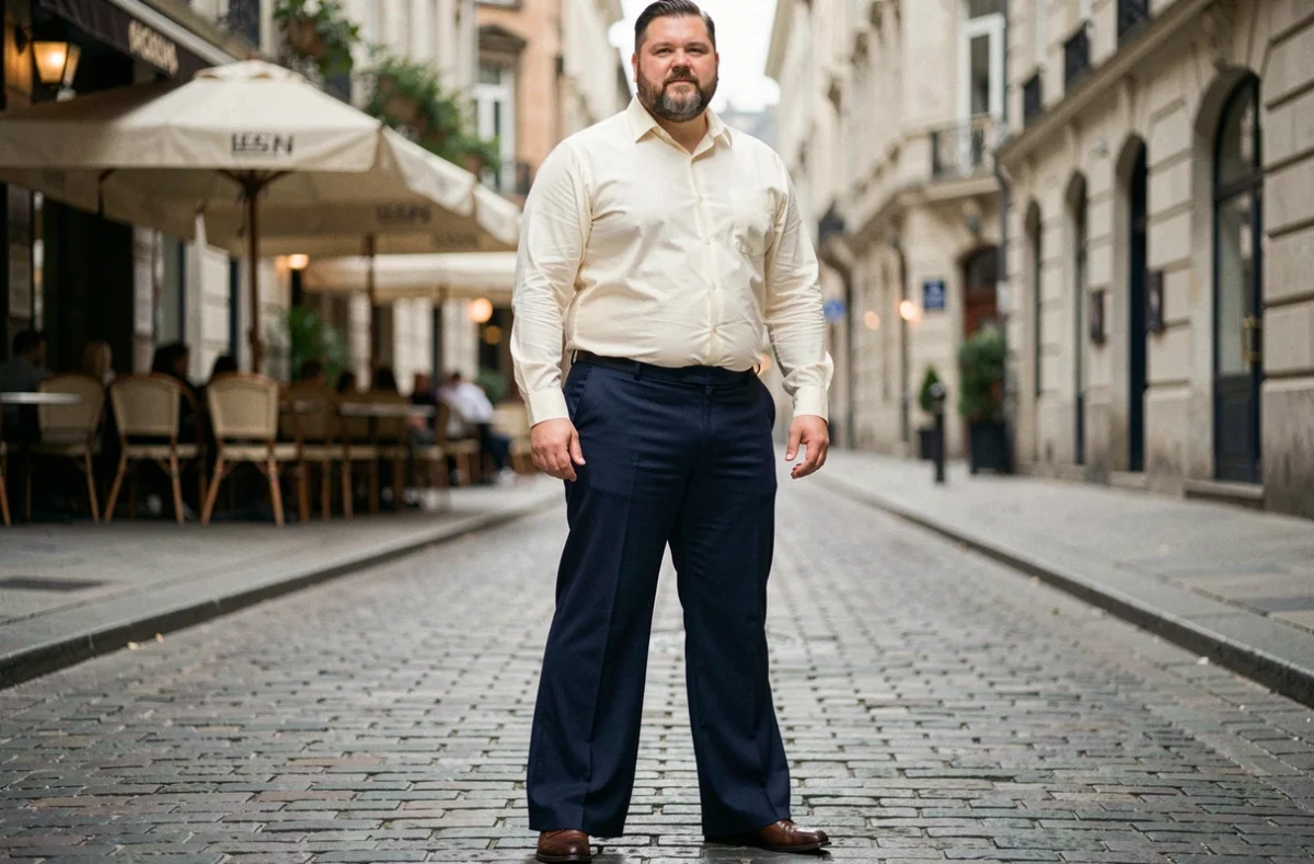 Homme grande taille portant un pantalon patte d'éléphant bleu marine avec une chemise blanche ajustée dans une rue pavée urbaine