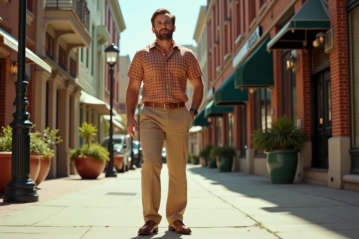 Homme grande taille en chemise madras colorée et pantalon taille haute camel, style années 60 en décor de rue urbaine vintage