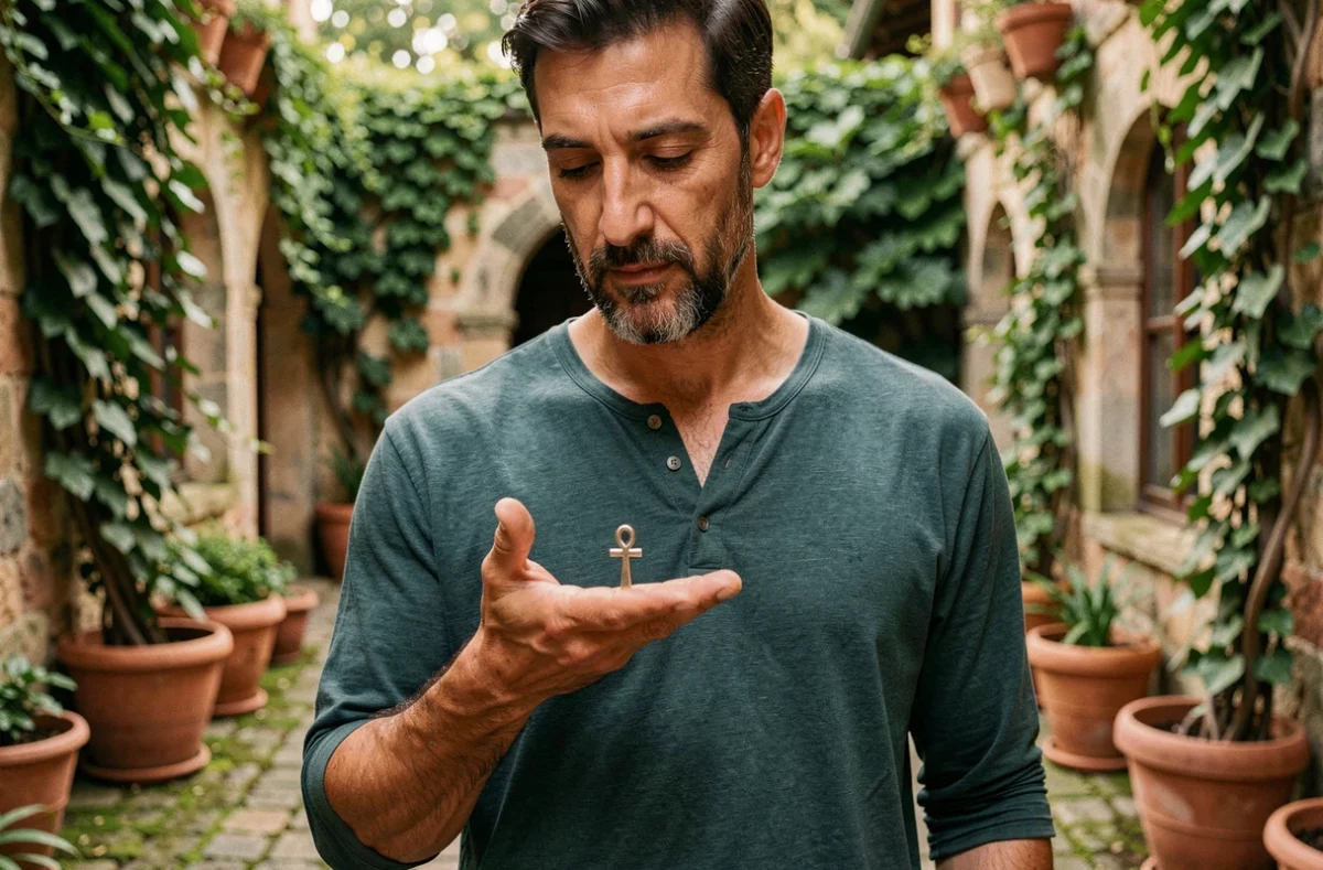 Homme en plein air dans un jardin en pierre tenant une croix ankh dans sa main, atmosphère méditative et naturelle