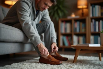 Homme d'âge moyen portant des chaussons en cuir dans un salon chaleureux