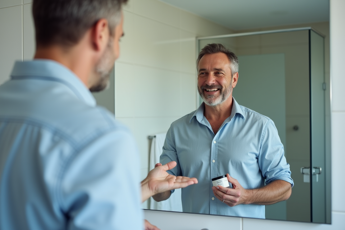 Homme examine son visage avec creme dans une salle de bain minimaliste