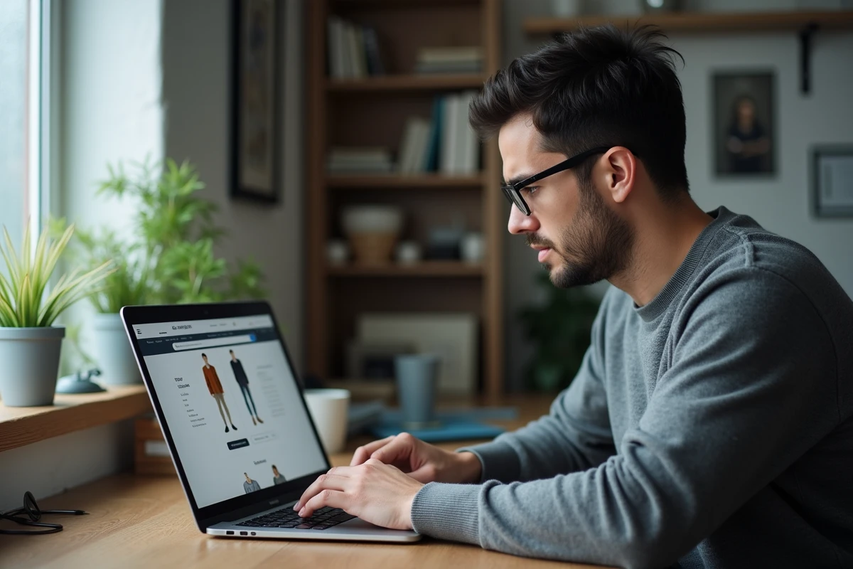 Homme analysant des annonces de vêtements d'occasion sur un site de friperie en ligne pour détecter les arnaques et faux bons plans