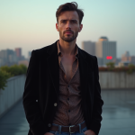 Tenue soirée année 90 homme : conseils pour bien s’habiller Homme en blazer noir et chemise en soie lors d'une fête urbaine