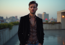 Tenue soirée année 90 homme : conseils pour bien s’habiller Homme en blazer noir et chemise en soie lors d'une fête urbaine