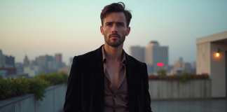 Tenue soirée année 90 homme : conseils pour bien s’habiller Homme en blazer noir et chemise en soie lors d'une fête urbaine