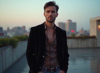 Tenue soirée année 90 homme : conseils pour bien s’habiller Homme en blazer noir et chemise en soie lors d'une fête urbaine